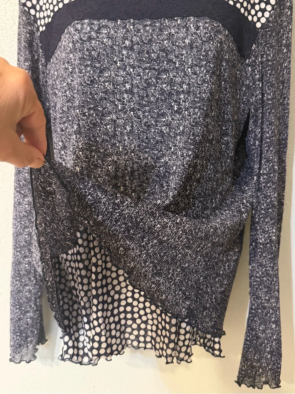 Vintage Russell Kemp Navy Blue Polka Dot Layered Mesh Lettuce Edge Trim Top XL